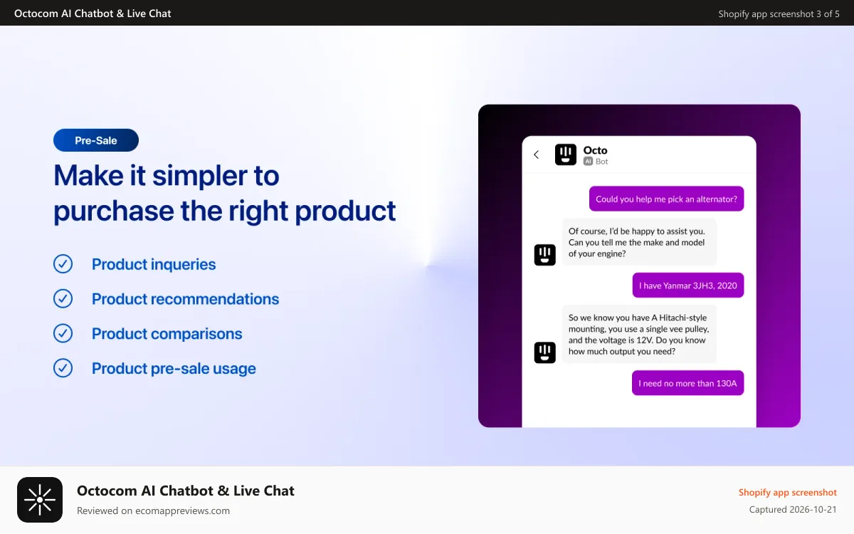 Octocom AI Chatbot & Live Chat Shopify app screenshot: Make it simpler to purchase the right product