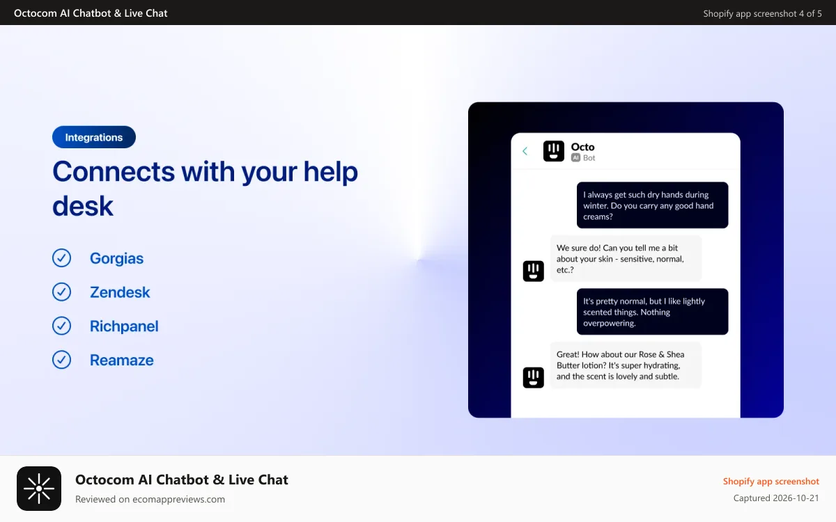 Octocom AI Chatbot & Live Chat Shopify app screenshot: Connects with your help desk