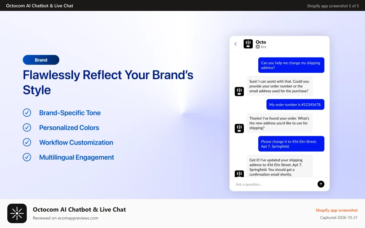 Octocom AI Chatbot & Live Chat Shopify app screenshot: Branding