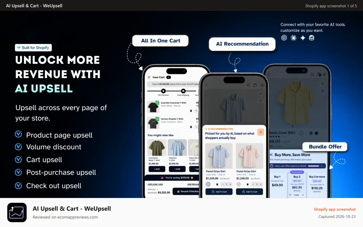AI Upsell & Cart ‑ WeUpsell Shopify app screenshot: AI-powered Shopify upsell and cross-sell app for higher sales
