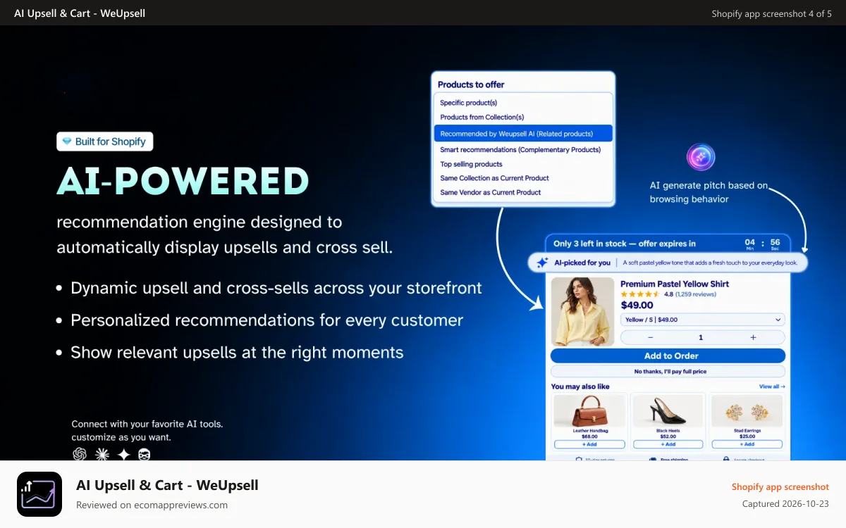 AI Upsell & Cart ‑ WeUpsell Shopify app screenshot: AI product recommendations for upsells and cross-sells
