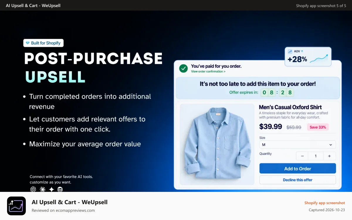 AI Upsell & Cart ‑ WeUpsell Shopify app screenshot: post-purchase upsell with one-click order add-on