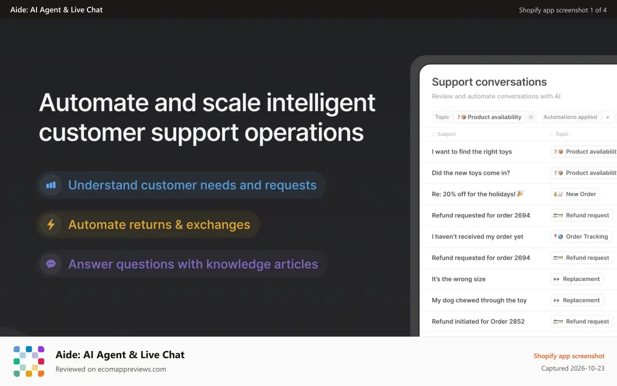 Aide: AI Agent & Live Chat Shopify app screenshot: Aide for Automating Customer Support Operations