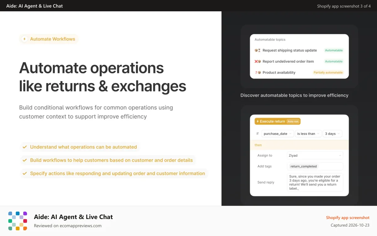 Aide: AI Agent & Live Chat Shopify app screenshot: Automate operations like returns and exchanges