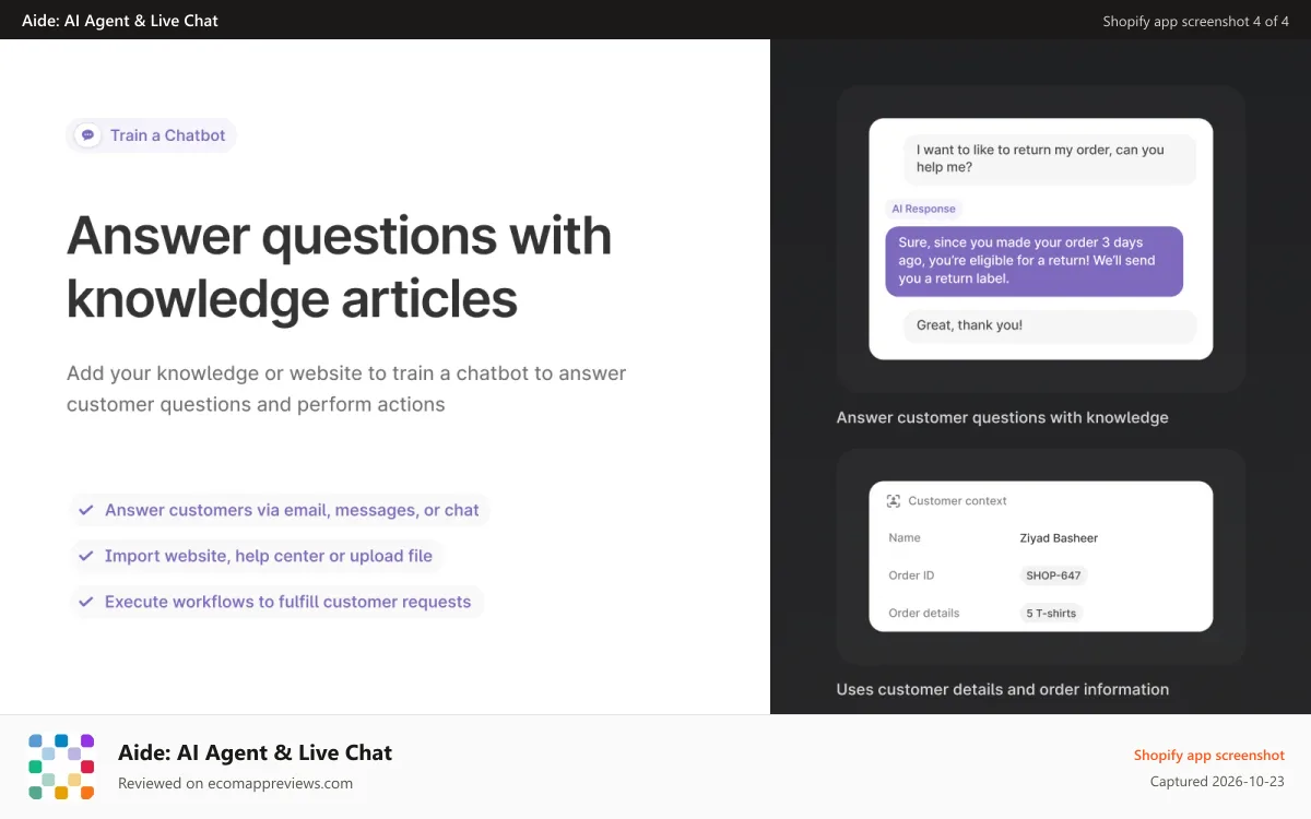 Aide: AI Agent & Live Chat Shopify app screenshot: Answer questions with knowledge articles