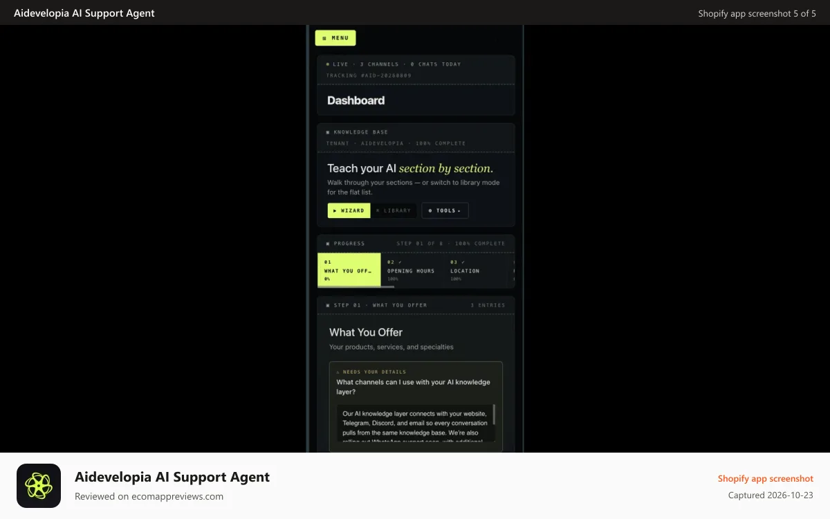 Aidevelopia AI Support Agent Shopify app screenshot: Training the agent — knowledge base, test sandbox, and delivery