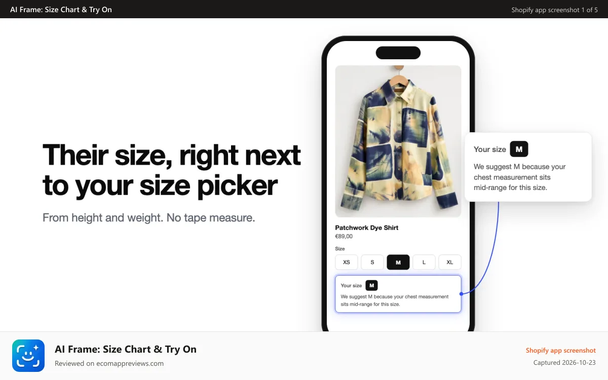 AI Frame: Size Chart & Try On Shopify app screenshot: Size Recommender shows Your size next to the size picker