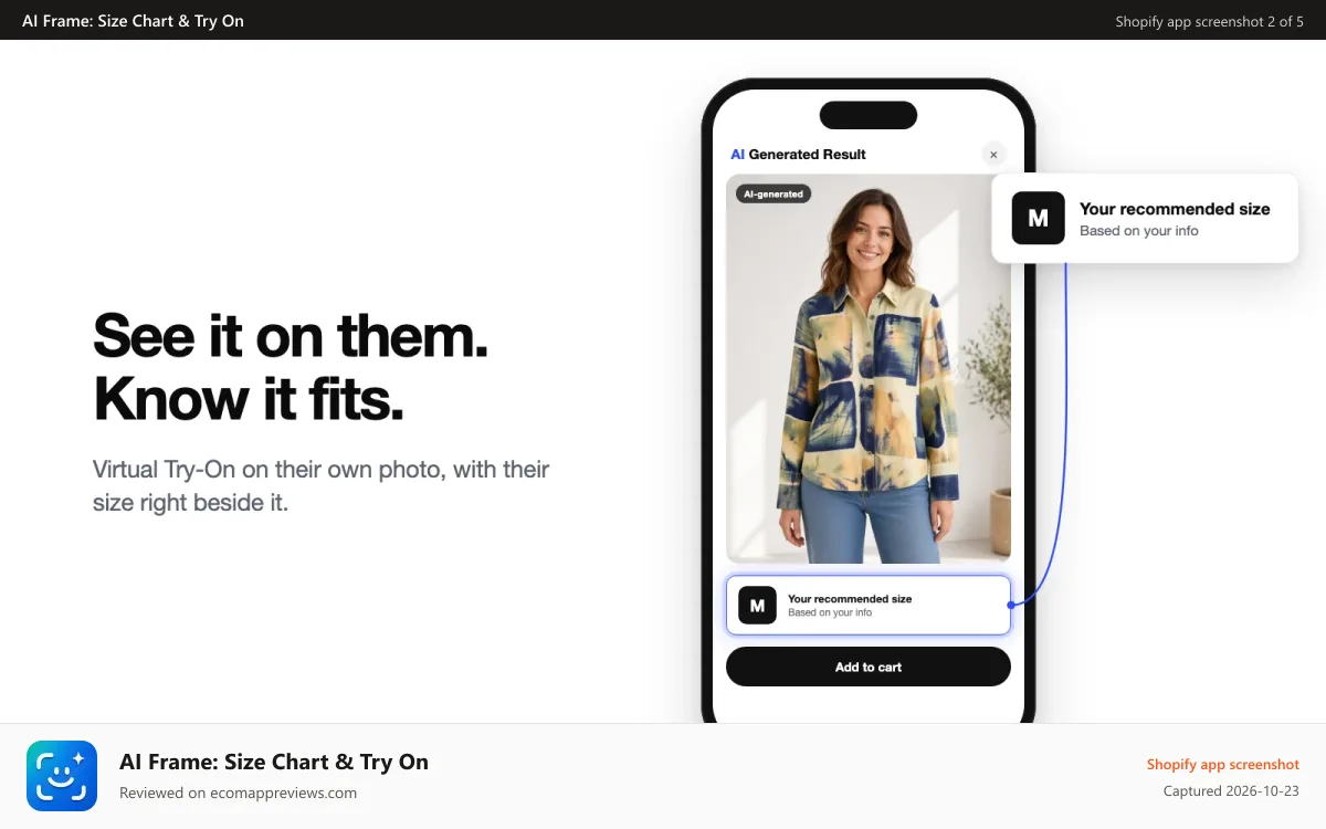 AI Frame: Size Chart & Try On Shopify app screenshot: Virtual Try-On on a shopper's photo with recommended size
