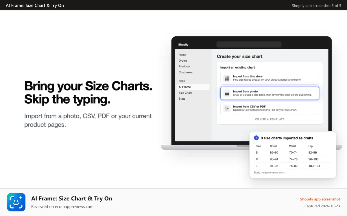 AI Frame: Size Chart & Try On Shopify app screenshot: Import Size Charts from a photo, CSV, PDF or your store