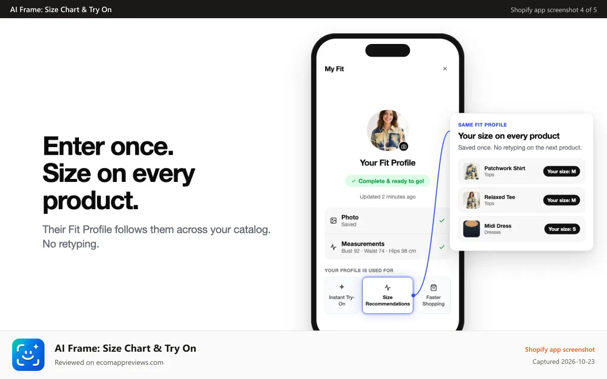 AI Frame: Size Chart & Try On Shopify app screenshot: Fit Profile: enter size once, see Your size on every product