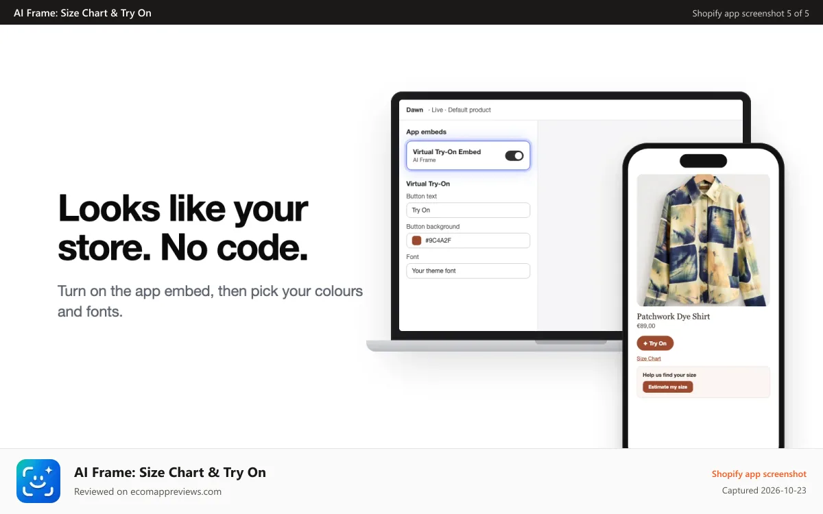 AI Frame: Size Chart & Try On Shopify app screenshot: Virtual Try-On and Size Chart in your brand colours, no code