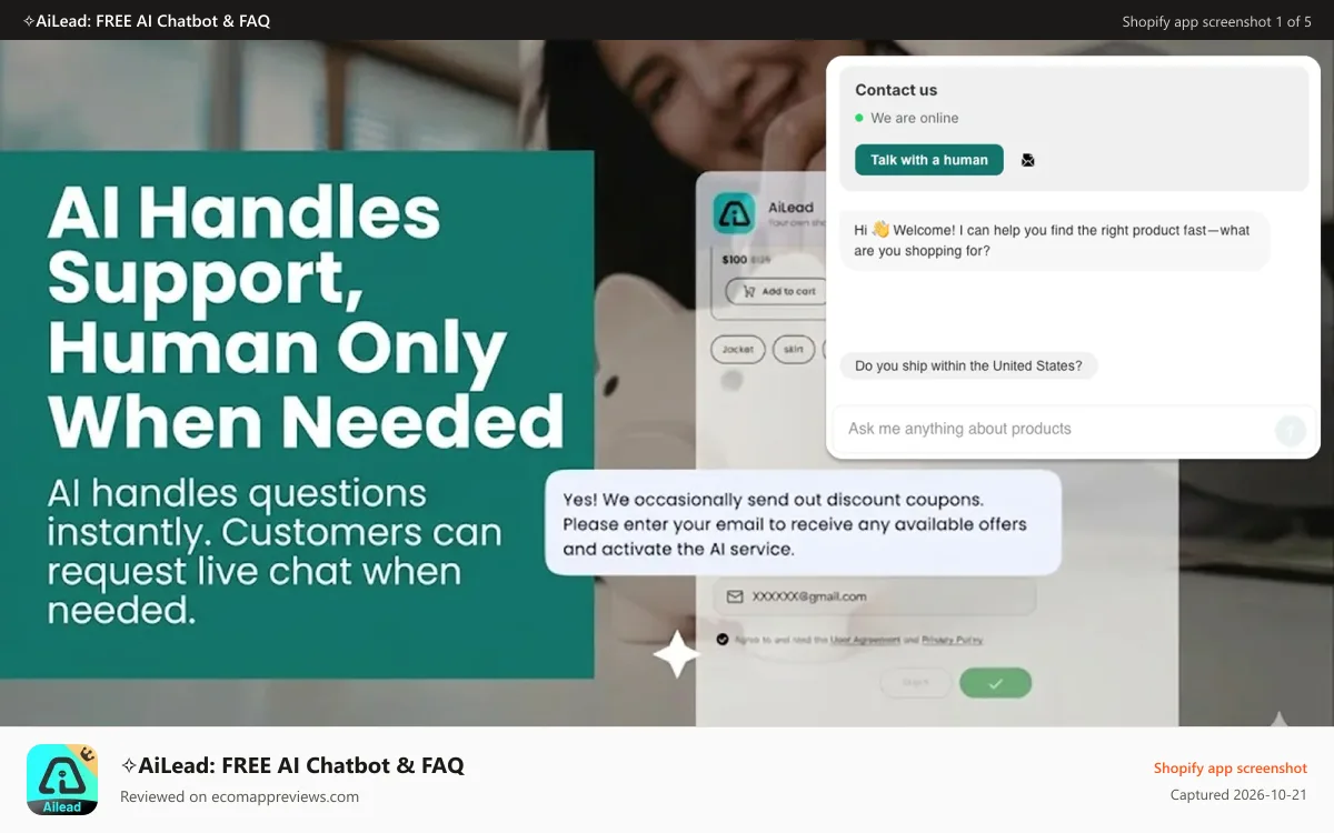 ✧AiLead: FREE AI Chatbot & FAQ Shopify app screenshot: Chat widget answering a shipping question, with Talk to a human