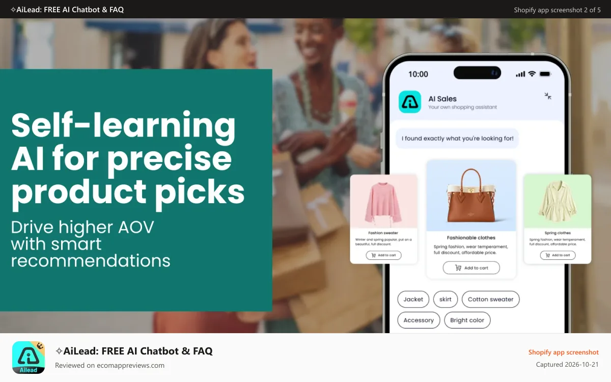 ✧AiLead: FREE AI Chatbot & FAQ Shopify app screenshot: AI chat recommending three products that match a shopper's ask
