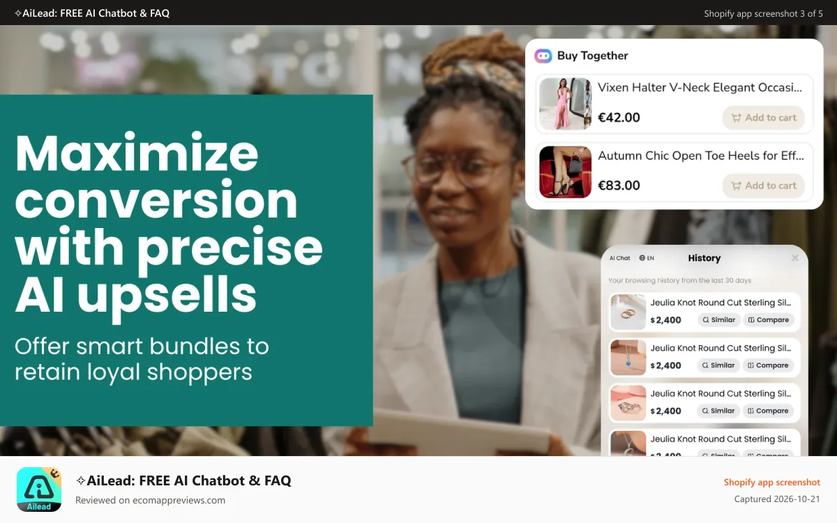 ✧AiLead: FREE AI Chatbot & FAQ Shopify app screenshot: Mobile product page with Buy Together and similar product picks