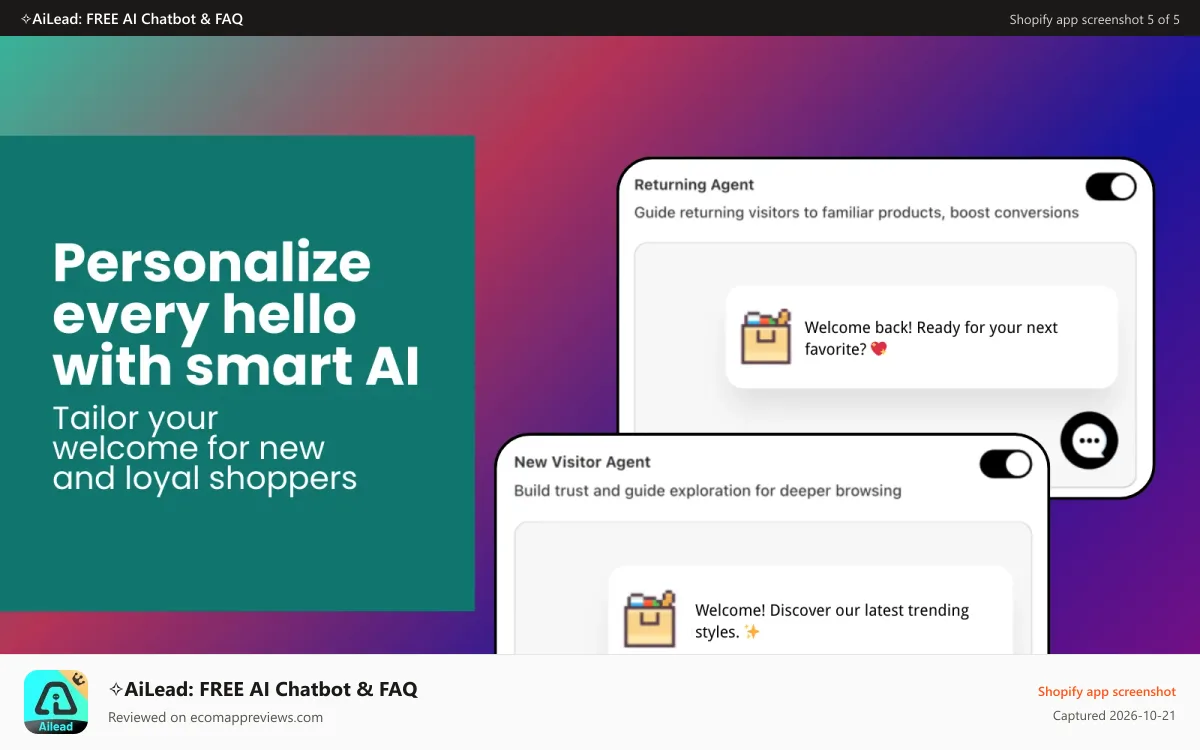✧AiLead: FREE AI Chatbot & FAQ Shopify app screenshot: Separate greetings for new visitors and returning shoppers