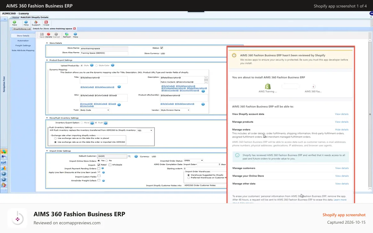 AIMS 360 Fashion Business ERP Shopify app screenshot: AIMS360 to Shopify Connection
