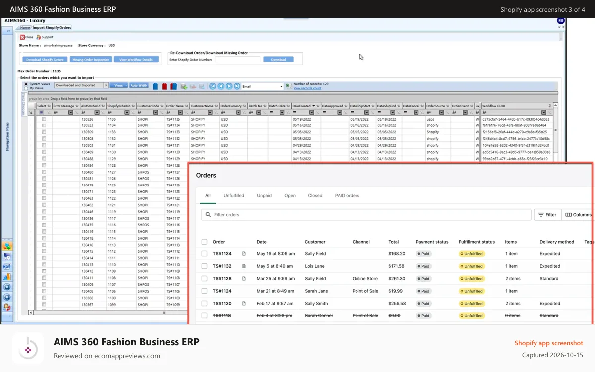 AIMS 360 Fashion Business ERP Shopify app screenshot: Automatic Order Import and processing
