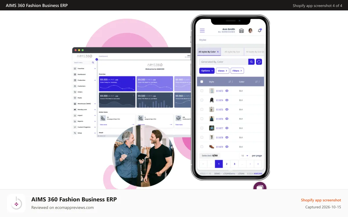 AIMS 360 Fashion Business ERP Shopify app screenshot: AIMS360 Mobile Compatible
