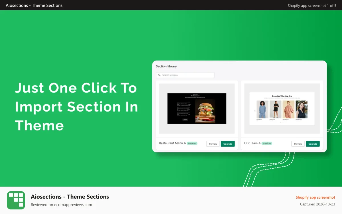 Aiosections ‑ Theme Sections Shopify app screenshot: Just One Click to Import section in theme