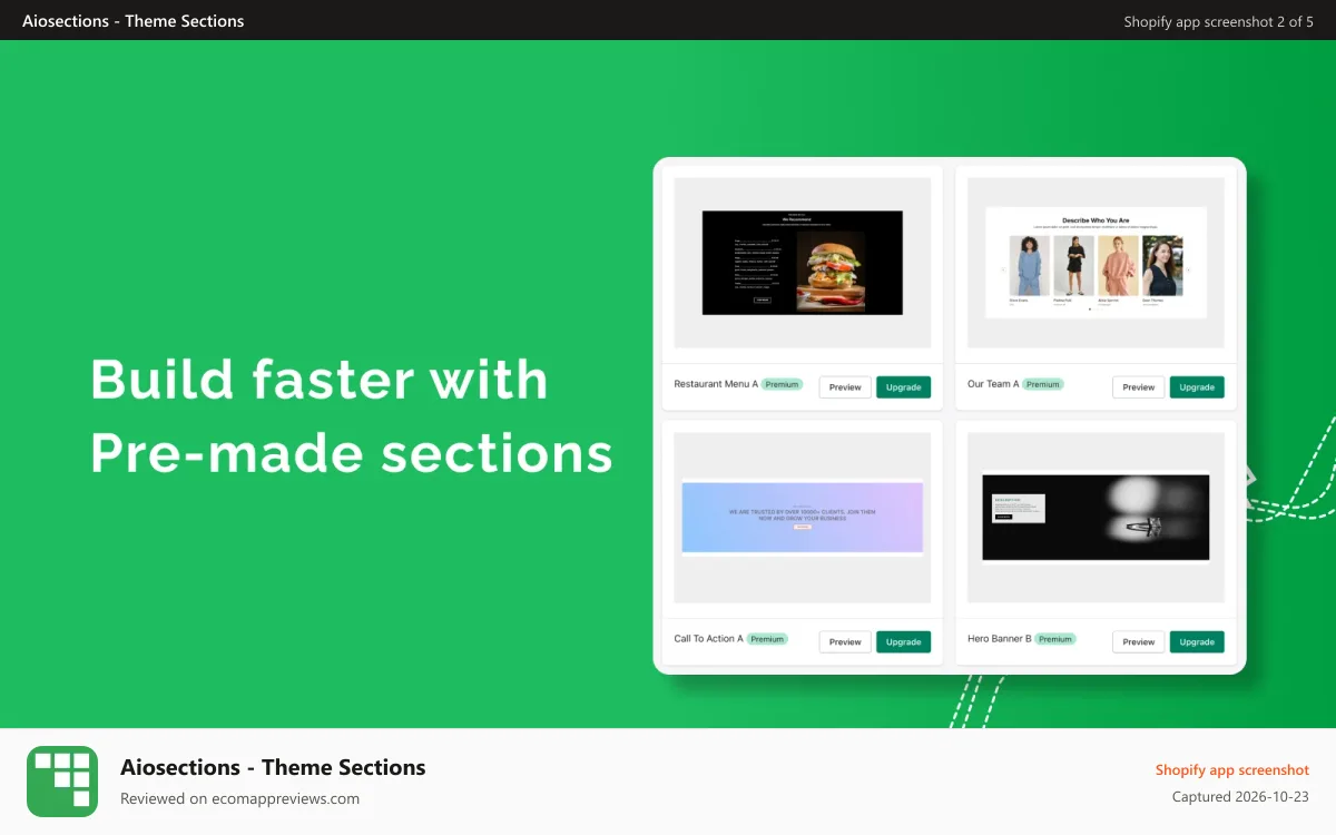 Aiosections ‑ Theme Sections Shopify app screenshot: Build faster with Pre-made sections