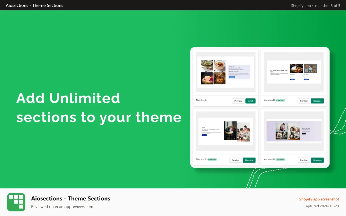 Aiosections ‑ Theme Sections Shopify app screenshot: Add Unlimited sections to your theme