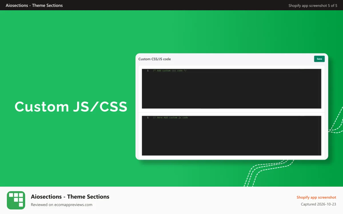 Aiosections ‑ Theme Sections Shopify app screenshot: Custom JS/CSS