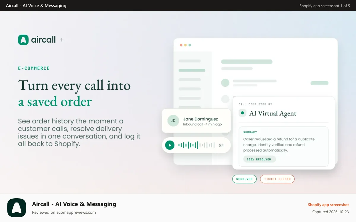 Aircall ‑ AI Voice & Messaging Shopify app screenshot: Aircall built for Ecommerce