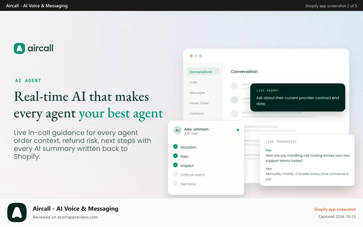 Aircall ‑ AI Voice & Messaging Shopify app screenshot: Real time Voice AI built for Ecommerce