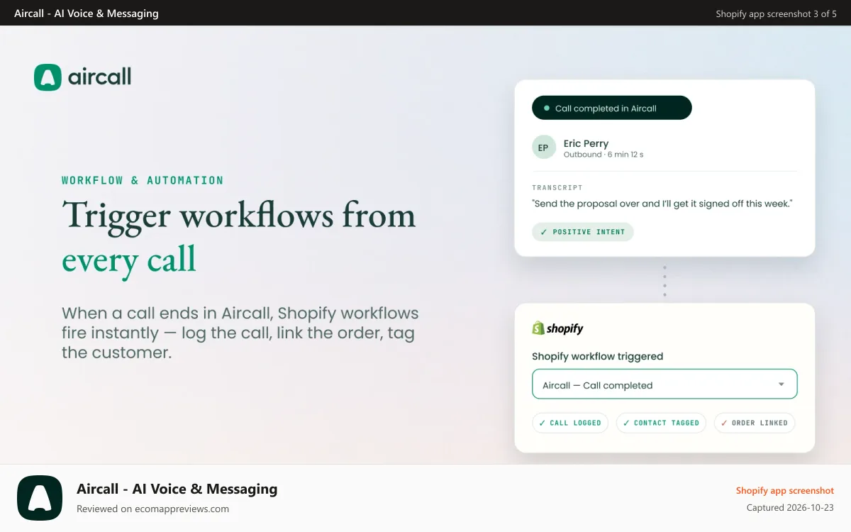 Aircall ‑ AI Voice & Messaging Shopify app screenshot: Trigger workflows after every call