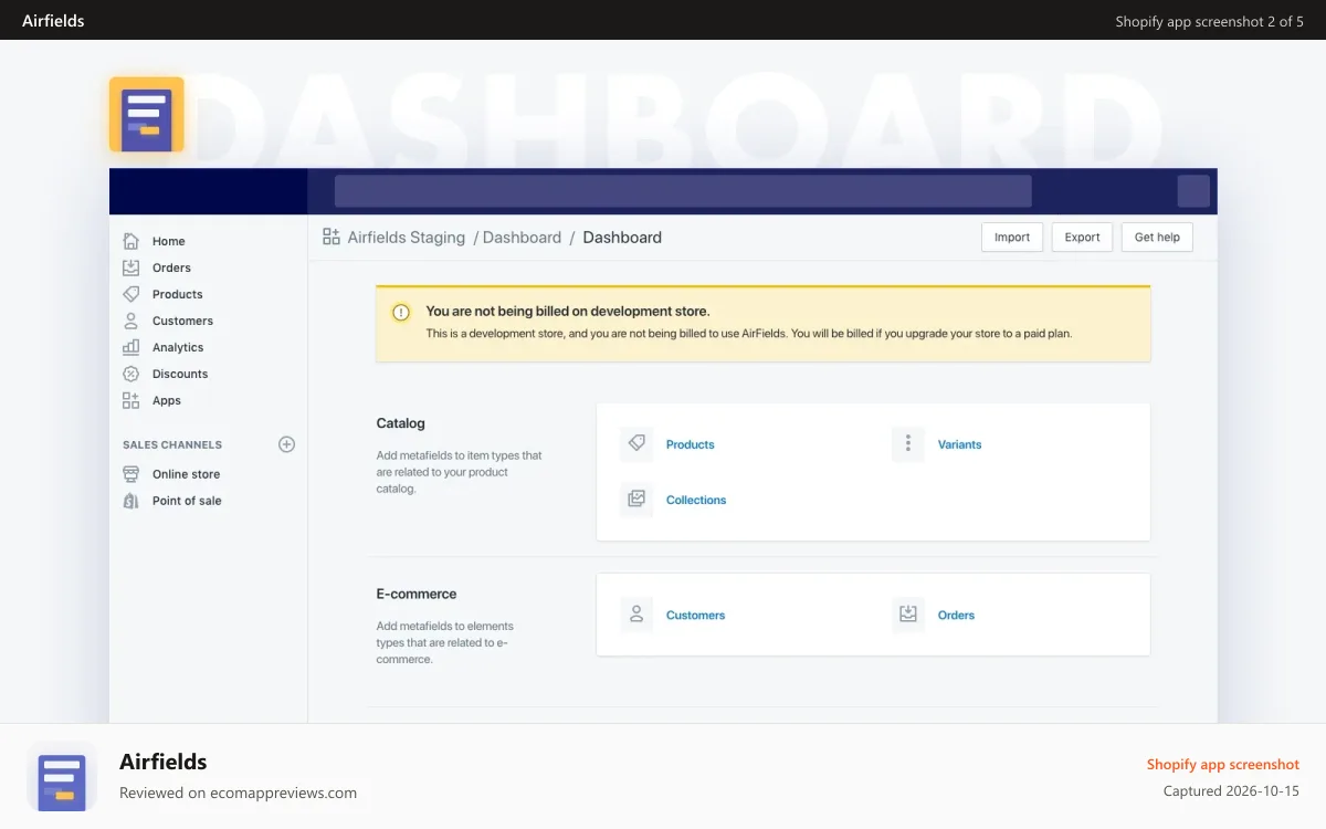 Airfields Shopify app screenshot: Dashboard