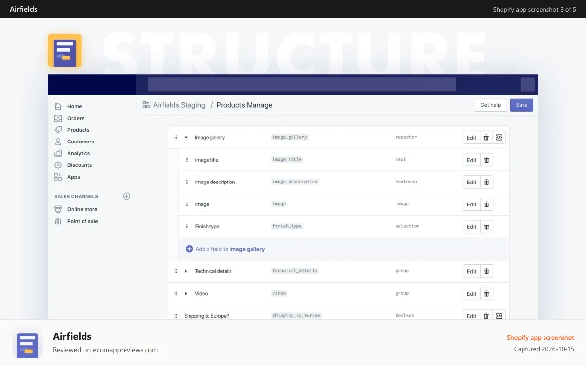 Airfields Shopify app screenshot: Structure