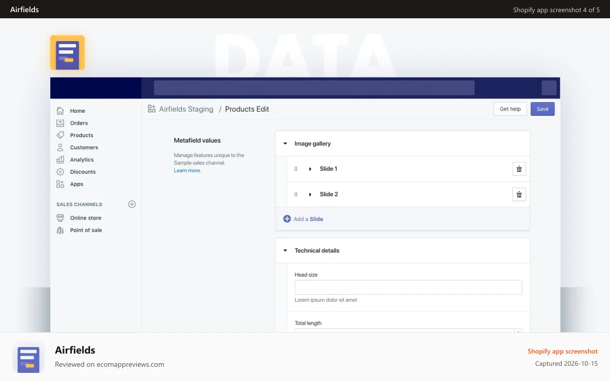Airfields Shopify app screenshot: Data