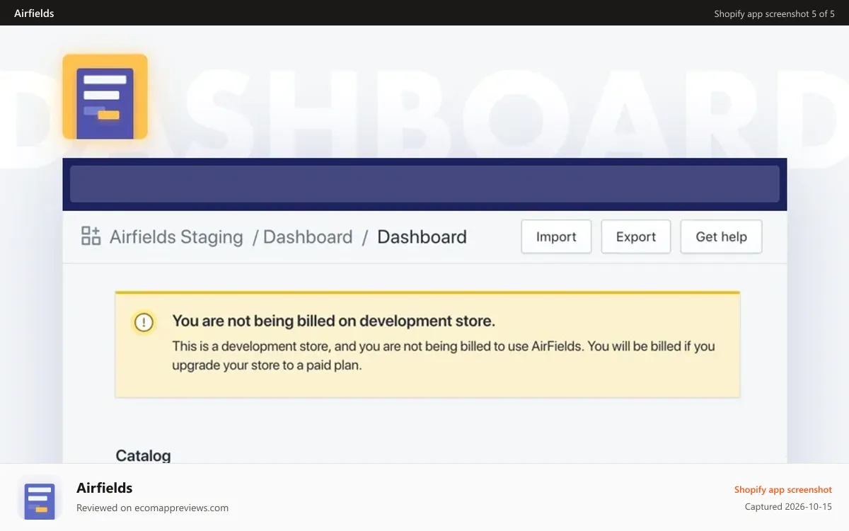 Airfields Shopify app screenshot: Dashboard