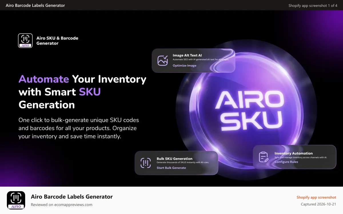 Airo Barcode Labels Generator Shopify app screenshot: Airo SKU & Barcode Generator