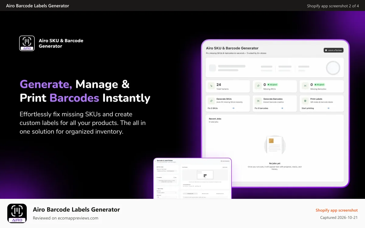 Airo Barcode Labels Generator Shopify app screenshot: Dashboard page