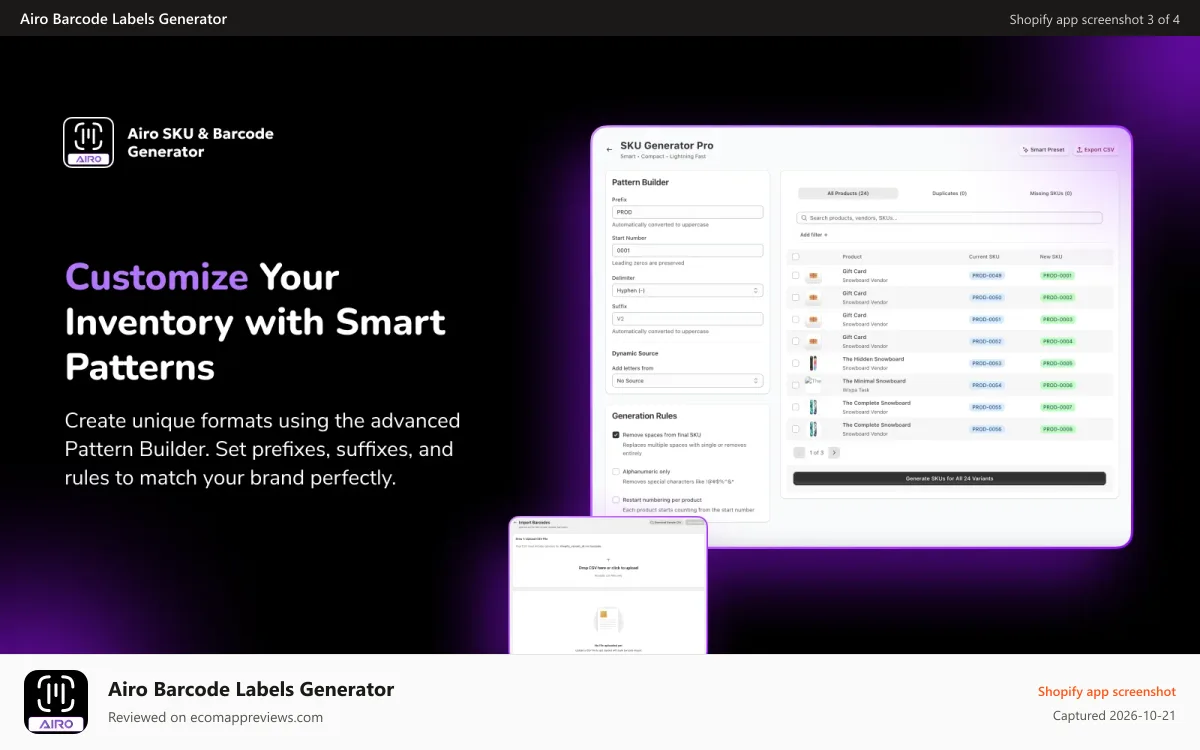 Airo Barcode Labels Generator Shopify app screenshot: Dashboard page