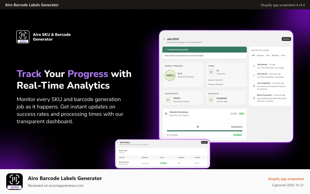 Airo Barcode Labels Generator Shopify app screenshot: Dashboard page