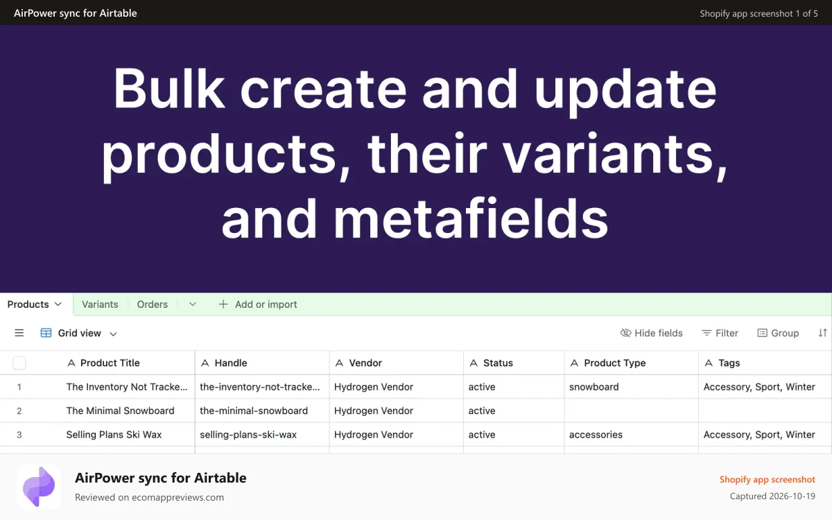 AirPower sync for Airtable Shopify app screenshot: Bulk create and edit products, variants, and metafields