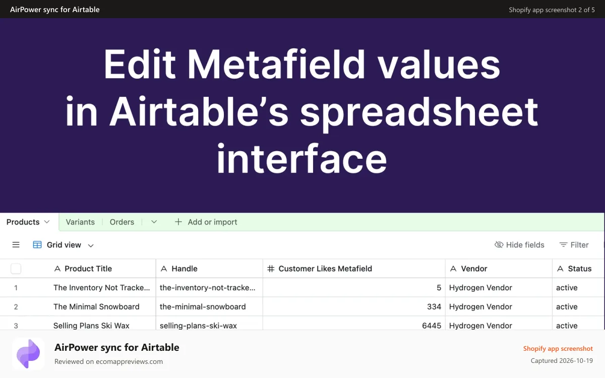 AirPower sync for Airtable Shopify app screenshot: Bulk edit metafields in Airtable