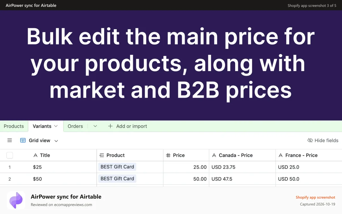AirPower sync for Airtable Shopify app screenshot: Set main prices, international market prices, and B2B prices