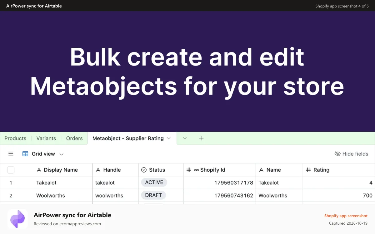 AirPower sync for Airtable Shopify app screenshot: Bulk create and edit Metaobjects for your store