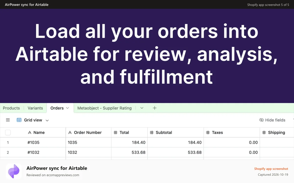 AirPower sync for Airtable Shopify app screenshot: Load all your order information into Airtable
