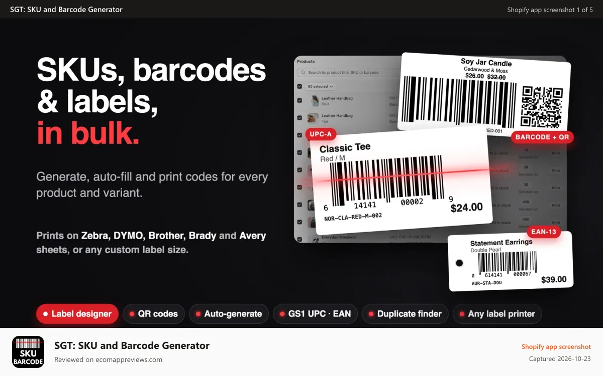 SGT: SKU and Barcode Generator Shopify app screenshot: SKU and barcode generator, barcode and QR code labels