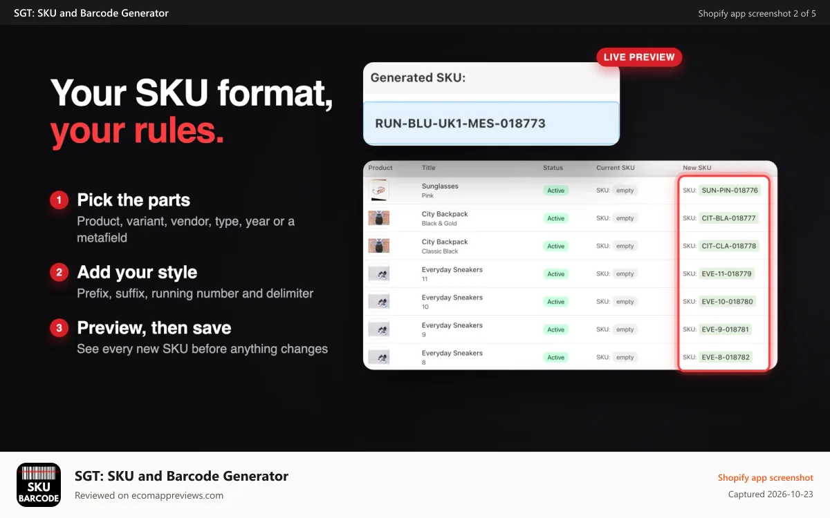 SGT: SKU and Barcode Generator Shopify app screenshot: Custom SKU format builder with a live preview of new SKUs