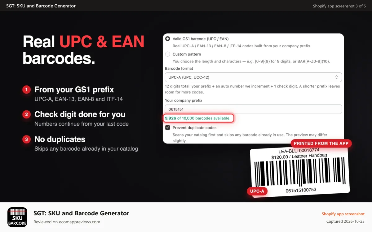 SGT: SKU and Barcode Generator Shopify app screenshot: GS1 UPC and EAN barcodes generated from your company prefix