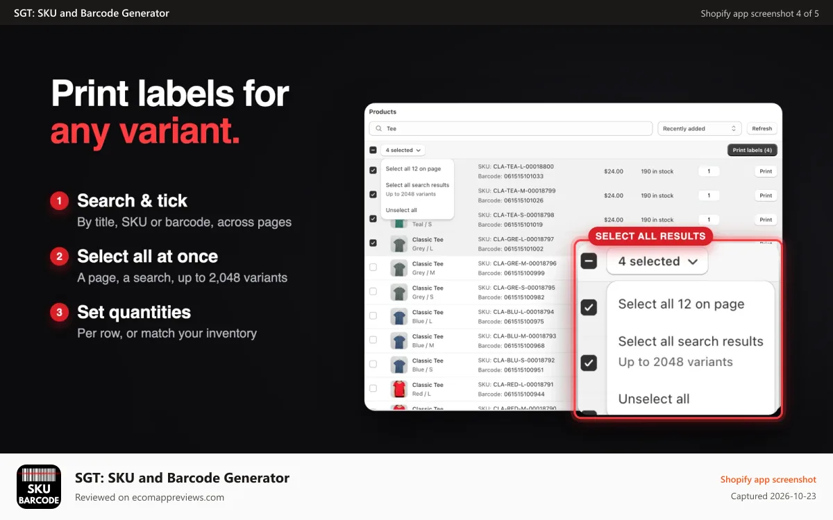 SGT: SKU and Barcode Generator Shopify app screenshot: Print barcode labels for any variant, select all results