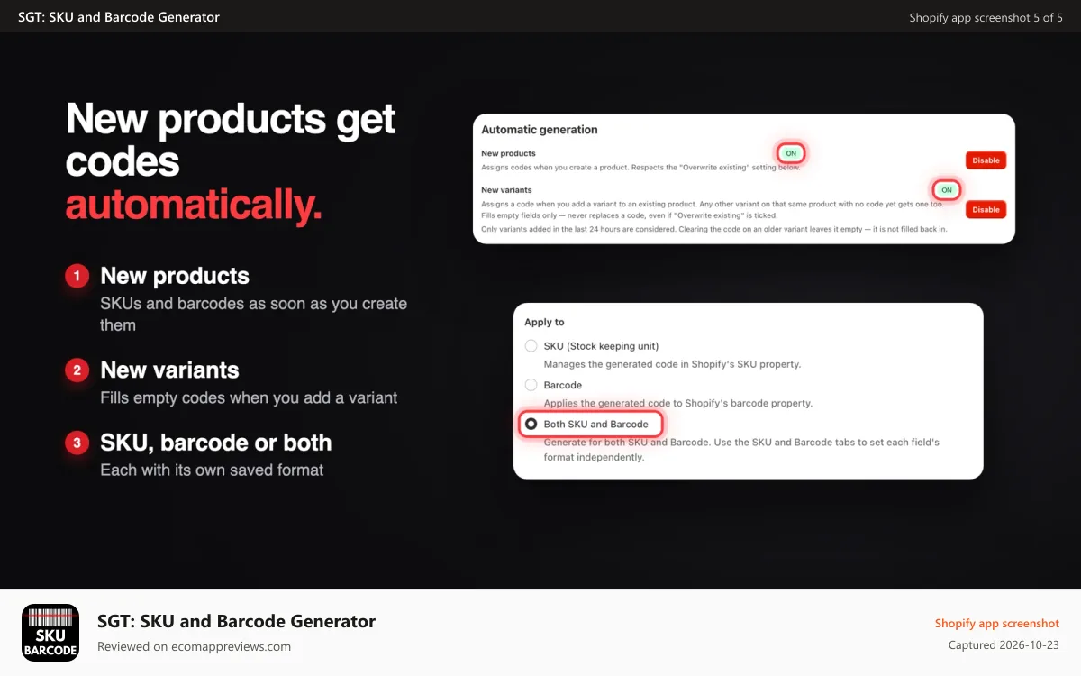 SGT: SKU and Barcode Generator Shopify app screenshot: Auto-generate SKUs and barcodes for new products and variants