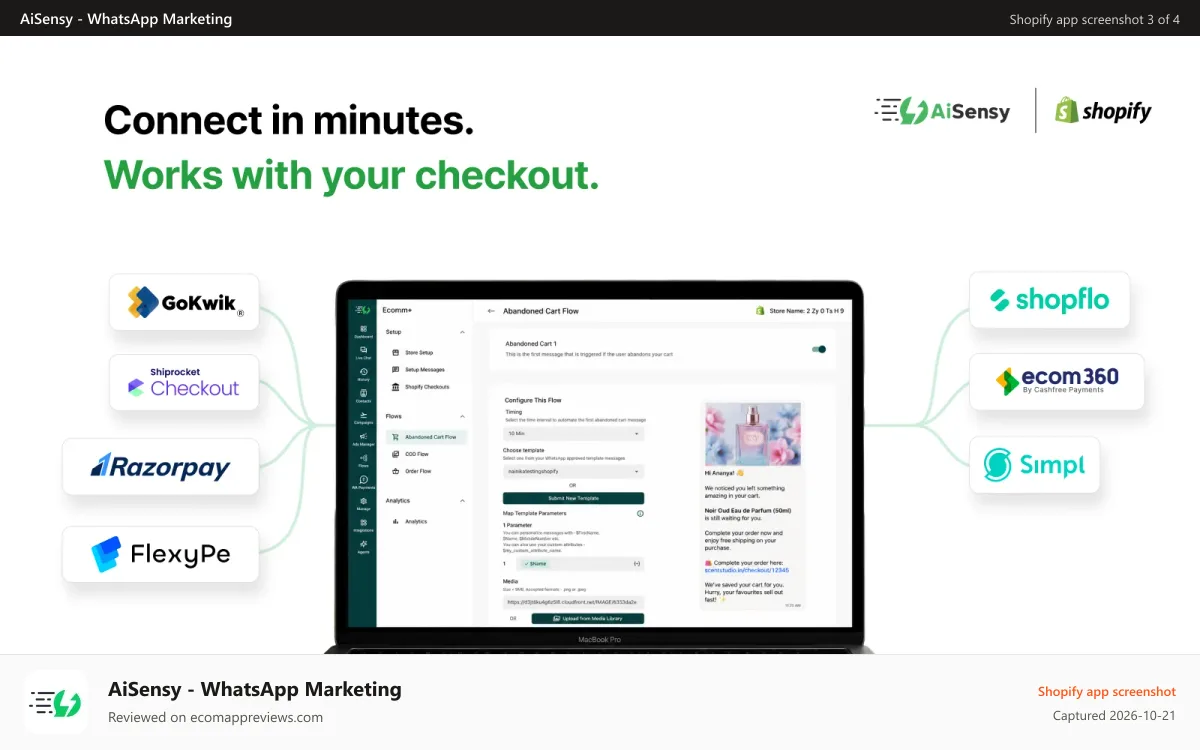 AiSensy ‑ WhatsApp Marketing Shopify app screenshot: Connect in minutes, works with all checkouts