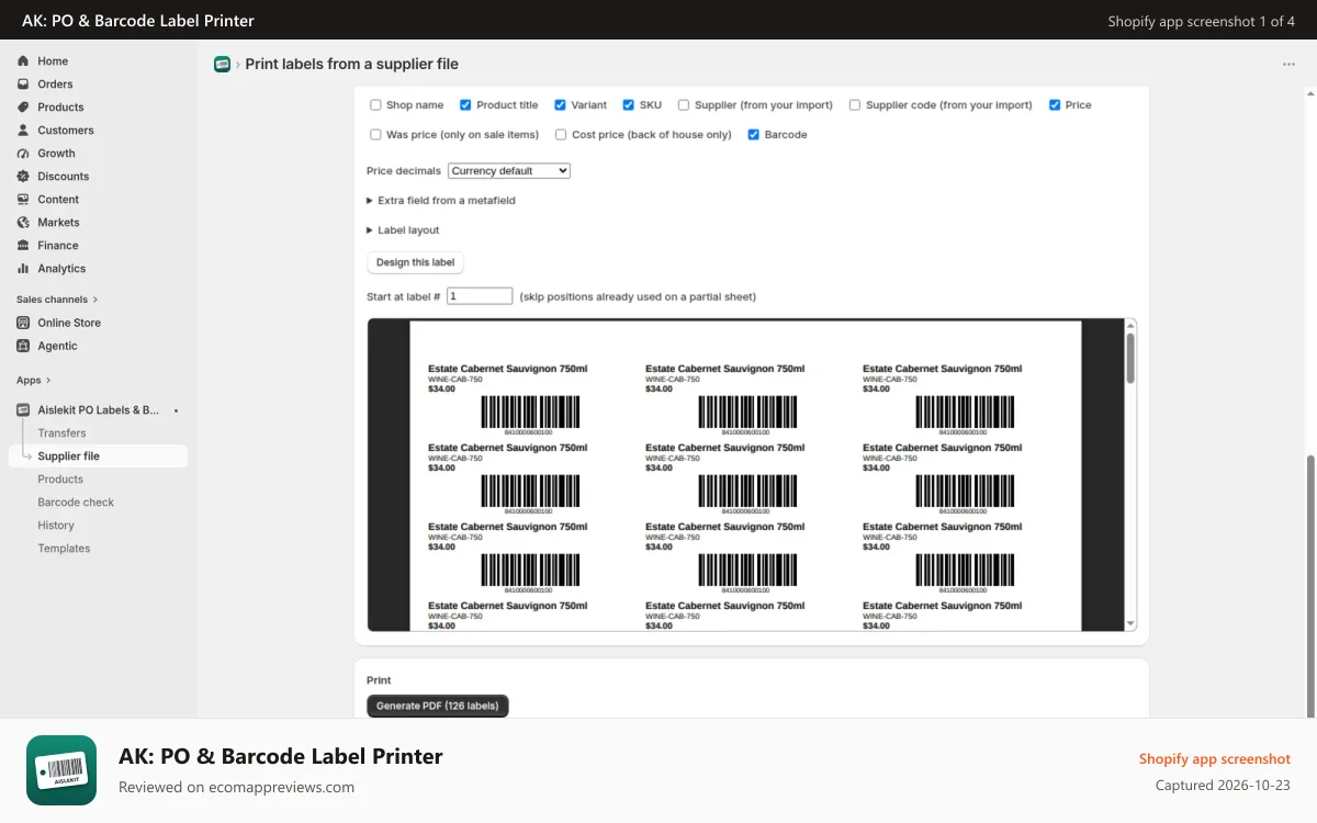 AK: PO & Barcode Label Printer Shopify app screenshot: Choose the fields, preview the real sheet, then generate.