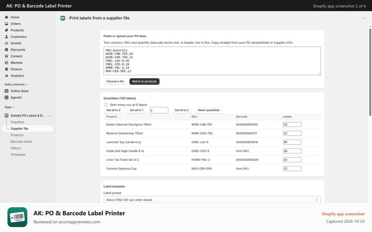 AK: PO & Barcode Label Printer Shopify app screenshot: Paste your PO lines straight from a supplier CSV.